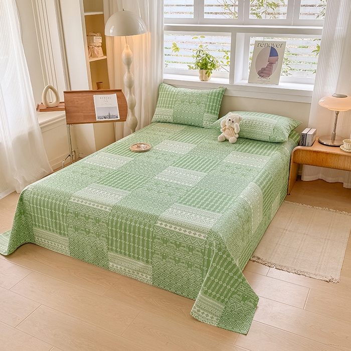 91家纺网 家纺一手货源 找家纺 爱彼家纺 2026新款全棉华夫格如意吉祥老粗布床单三件套 华夫格-如意-绿