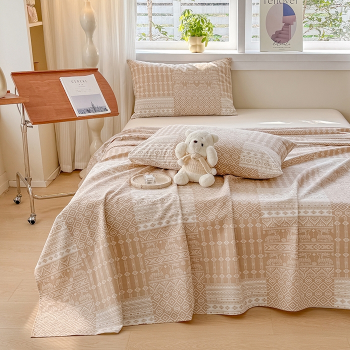 91家纺网 家纺一手货源 找家纺 爱彼家纺 2026新款全棉华夫格如意吉祥老粗布床单三件套 华夫格-如意-棕