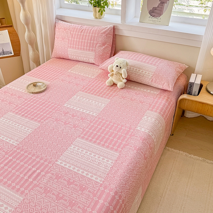 91家纺网 家纺一手货源 找家纺 爱彼家纺 2026新款全棉华夫格如意吉祥老粗布床单三件套 华夫格-吉祥-粉