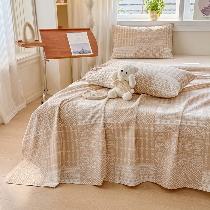 91家纺网 家纺一手货源 找家纺 爱彼家纺 2026新款全棉华夫格如意吉祥老粗布床单三件套 华夫格-如意-棕