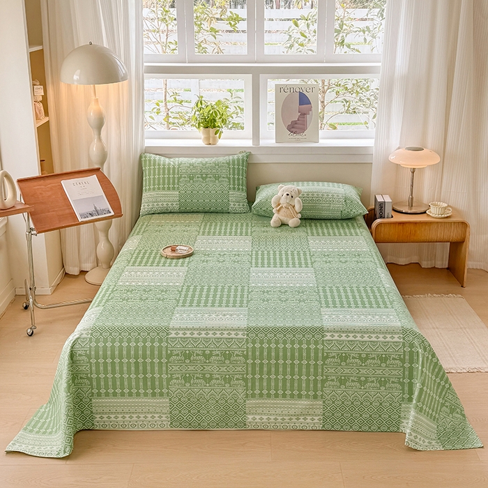 91家纺网 家纺一手货源 找家纺 爱彼家纺 2026新款全棉华夫格如意吉祥老粗布床单三件套 华夫格-如意-绿