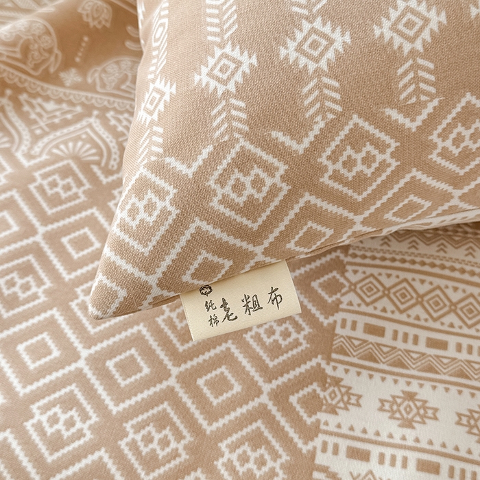 91家纺网 家纺一手货源 找家纺 爱彼家纺 2026新款全棉华夫格如意吉祥老粗布床单三件套 华夫格-如意-棕