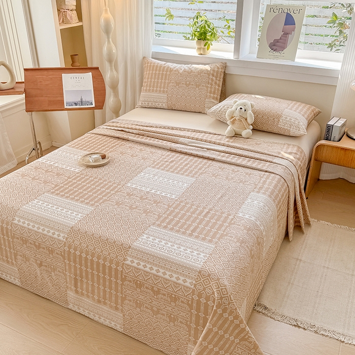 91家纺网 家纺一手货源 找家纺 爱彼家纺 2026新款全棉华夫格如意吉祥老粗布床单三件套 华夫格-如意-棕