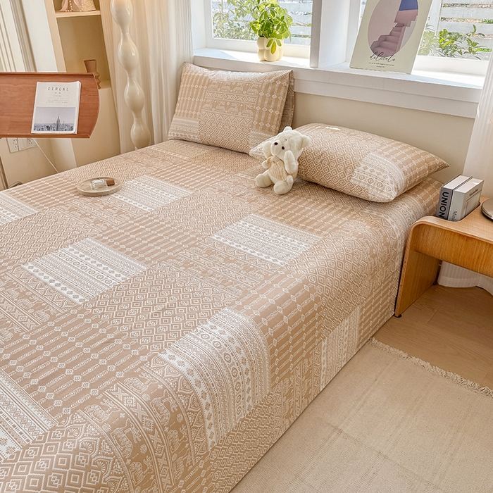 91家纺网 家纺一手货源 找家纺 爱彼家纺 2026新款全棉华夫格如意吉祥老粗布床单三件套 华夫格-如意-棕