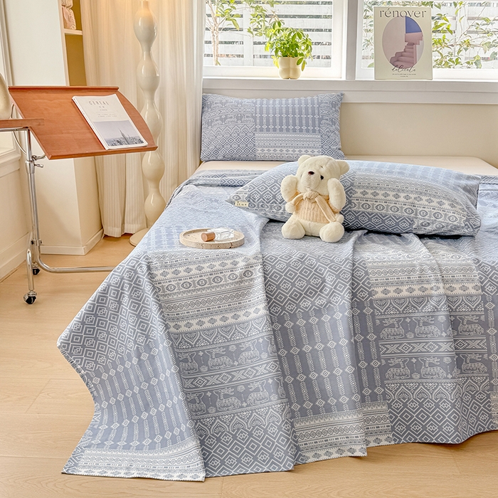 91家纺网 家纺一手货源 找家纺 爱彼家纺 2026新款全棉华夫格如意吉祥老粗布床单三件套 华夫格-吉祥-灰