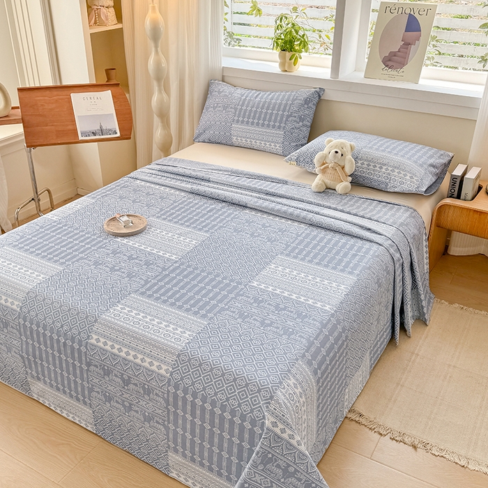 91家纺网 家纺一手货源 找家纺 爱彼家纺 2026新款全棉华夫格如意吉祥老粗布床单三件套 华夫格-吉祥-灰