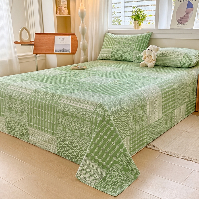 91家纺网 家纺一手货源 找家纺 爱彼家纺 2026新款全棉华夫格如意吉祥老粗布床单三件套 华夫格-如意-绿