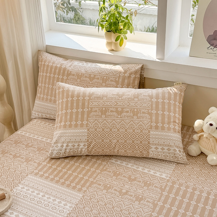 91家纺网 家纺一手货源 找家纺 爱彼家纺 2026新款全棉华夫格如意吉祥老粗布床单三件套 华夫格-如意-棕