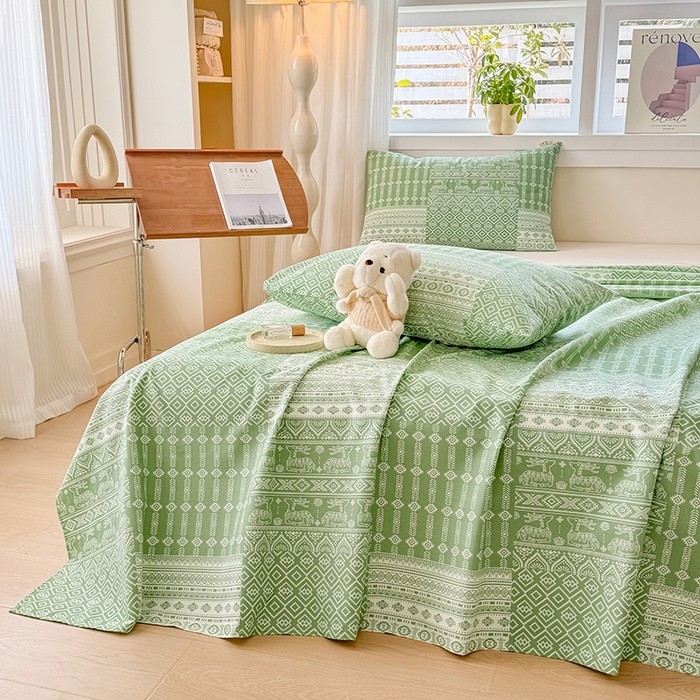 91家纺网 家纺一手货源 找家纺 爱彼家纺 2026新款全棉华夫格如意吉祥老粗布床单三件套 华夫格-如意-绿