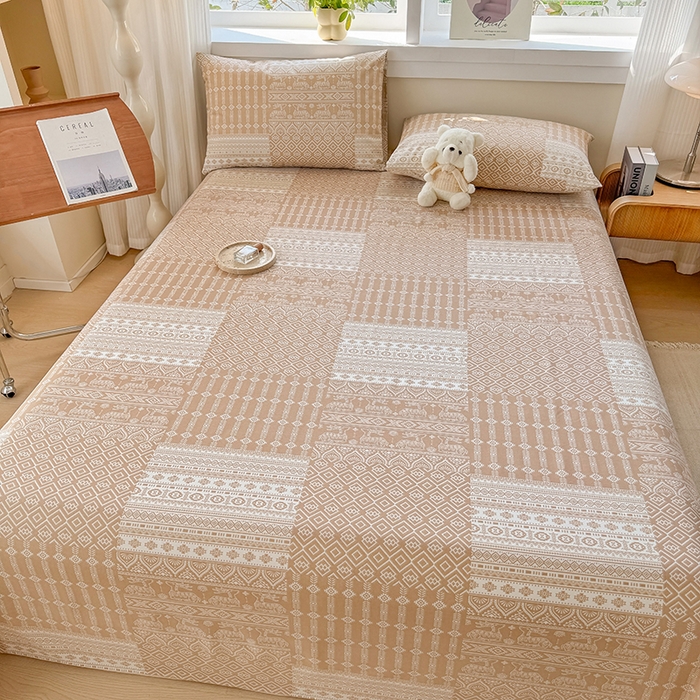 91家纺网 家纺一手货源 找家纺 爱彼家纺 2026新款全棉华夫格如意吉祥老粗布床单三件套 华夫格-如意-棕