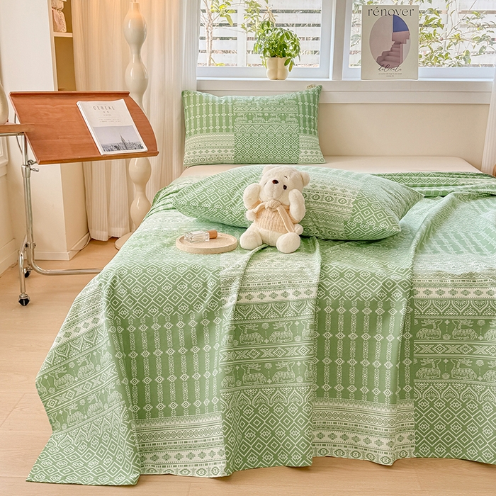 91家纺网 家纺一手货源 找家纺 爱彼家纺 2026新款全棉华夫格如意吉祥老粗布床单三件套 华夫格-如意-绿