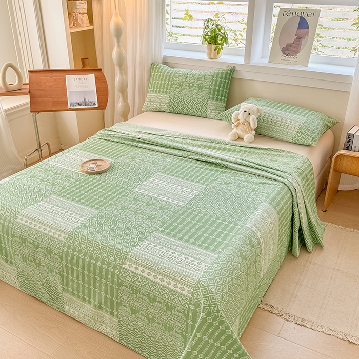 91家纺网 家纺一手货源 找家纺 爱彼家纺 2026新款全棉华夫格如意吉祥老粗布床单三件套 华夫格-如意-绿