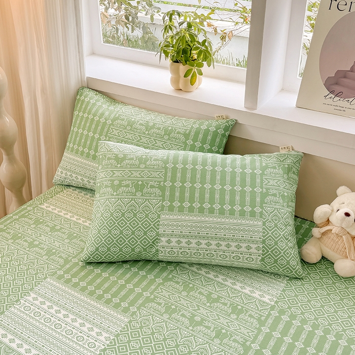 91家纺网 家纺一手货源 找家纺 爱彼家纺 2026新款全棉华夫格如意吉祥老粗布床单三件套 华夫格-如意-绿