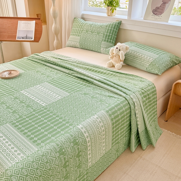 91家纺网 家纺一手货源 找家纺 爱彼家纺 2026新款全棉华夫格如意吉祥老粗布床单三件套 华夫格-如意-绿