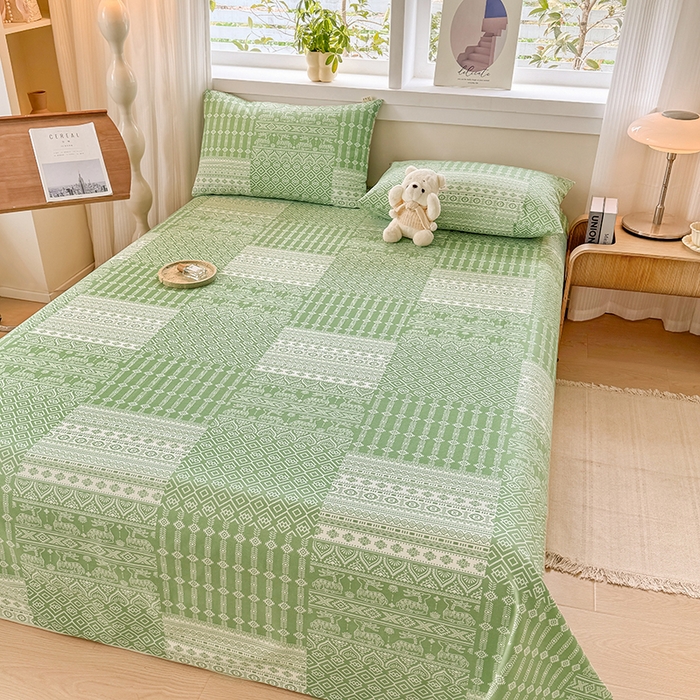 91家纺网 家纺一手货源 找家纺 爱彼家纺 2026新款全棉华夫格如意吉祥老粗布床单三件套 华夫格-如意-绿