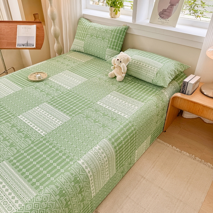 91家纺网 家纺一手货源 找家纺 爱彼家纺 2026新款全棉华夫格如意吉祥老粗布床单三件套 华夫格-如意-绿