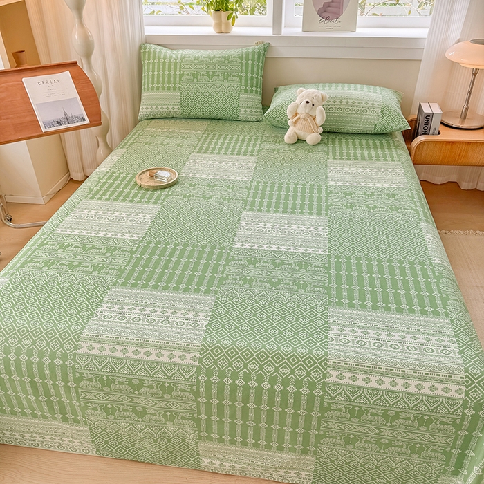 91家纺网 家纺一手货源 找家纺 爱彼家纺 2026新款全棉华夫格如意吉祥老粗布床单三件套 华夫格-如意-绿