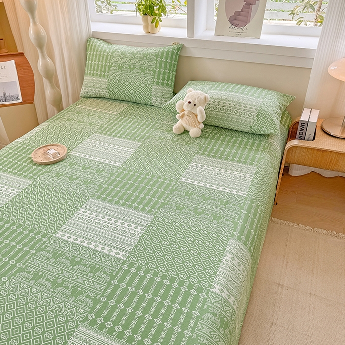 91家纺网 家纺一手货源 找家纺 爱彼家纺 2026新款全棉华夫格如意吉祥老粗布床单三件套 华夫格-如意-绿