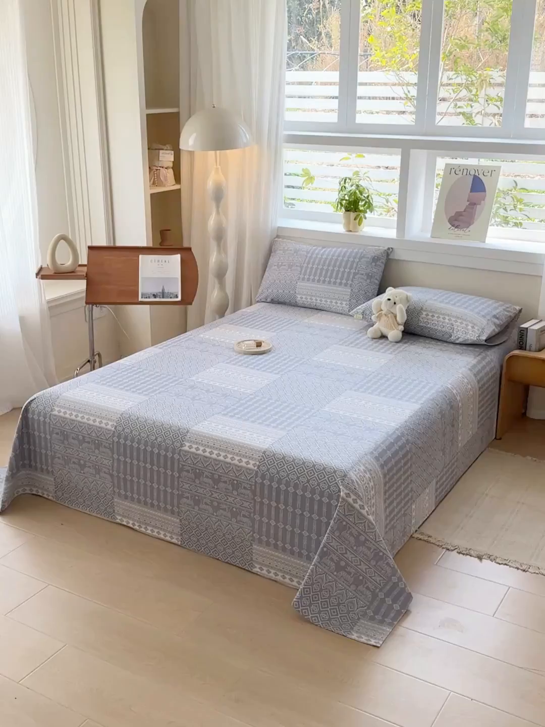 91家纺网 家纺一手货源 找家纺 爱彼家纺 2026新款全棉华夫格如意吉祥老粗布床单三件套 华夫格-吉祥-灰