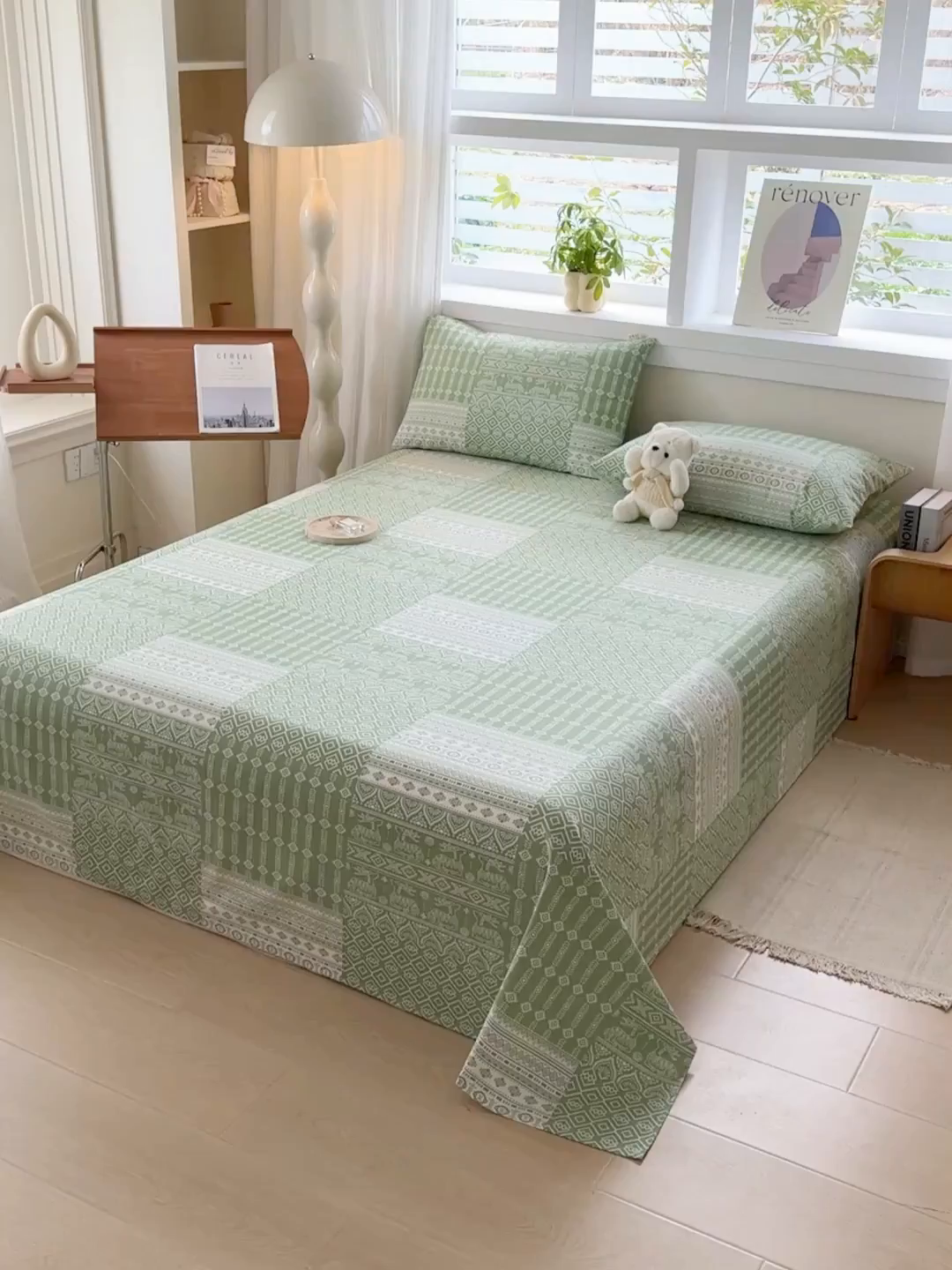 91家纺网 家纺一手货源 找家纺 爱彼家纺 2026新款全棉华夫格如意吉祥老粗布床单三件套 华夫格-如意-绿