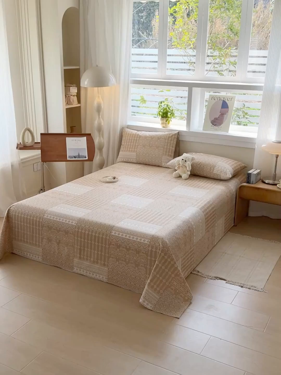 91家纺网 家纺一手货源 找家纺 爱彼家纺 2026新款全棉华夫格如意吉祥老粗布床单三件套 华夫格-如意-棕