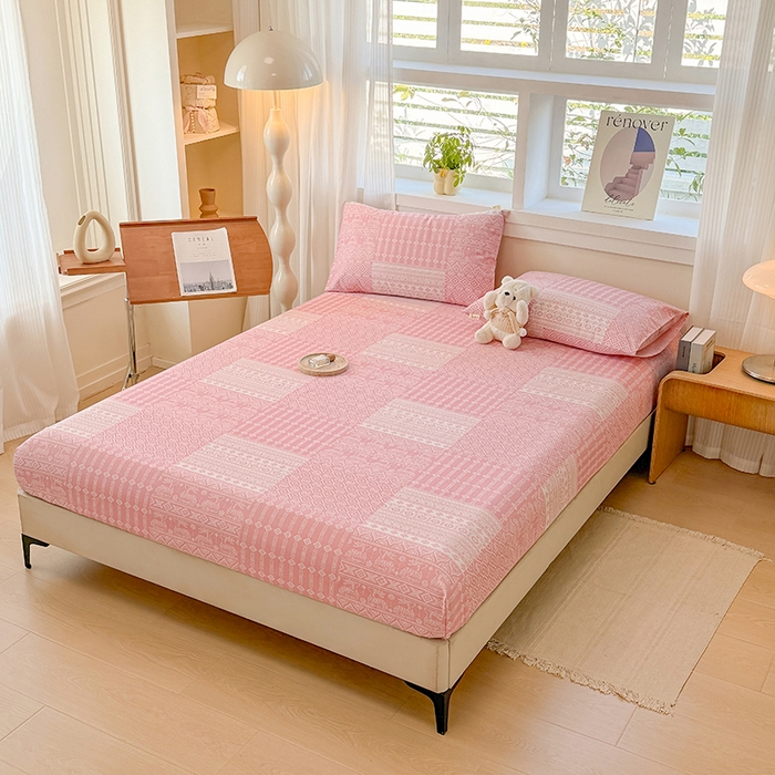 91家纺网 家纺一手货源 找家纺 爱彼家纺 2026年全棉老粗布单床笠凉席床笠三件套直播热卖-系列五 华夫格床笠-吉祥-粉