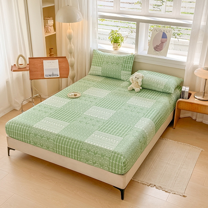 91家纺网 家纺一手货源 找家纺 爱彼家纺 2026年全棉老粗布单床笠凉席床笠三件套直播热卖-系列五 华夫格床笠-如意-绿