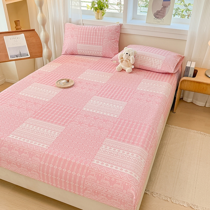 91家纺网 家纺一手货源 找家纺 爱彼家纺 2026年全棉老粗布单床笠凉席床笠三件套直播热卖-系列五 华夫格床笠-吉祥-粉