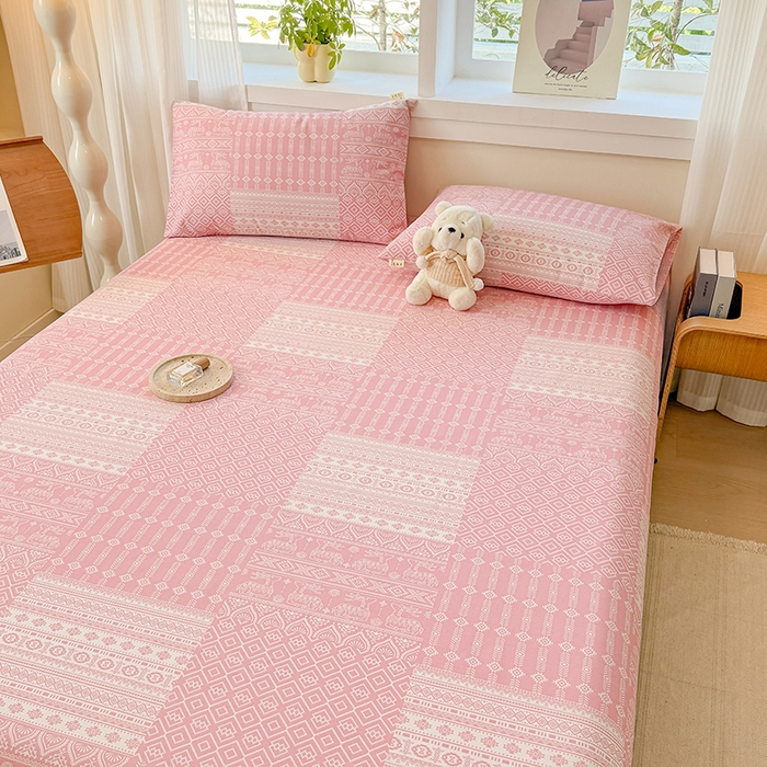 91家纺网 家纺一手货源 找家纺 爱彼家纺 2026年全棉老粗布单床笠凉席床笠三件套直播热卖-系列五 华夫格床笠-吉祥-粉