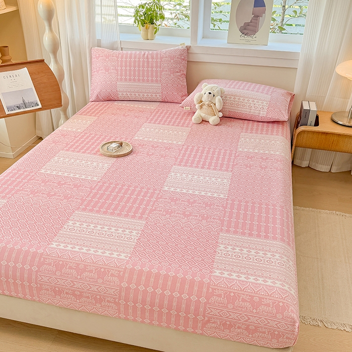 91家纺网 家纺一手货源 找家纺 爱彼家纺 2026年全棉老粗布单床笠凉席床笠三件套直播热卖-系列五 华夫格床笠-吉祥-粉