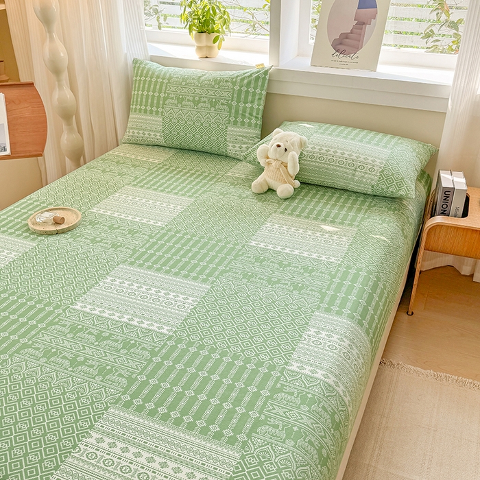 91家纺网 家纺一手货源 找家纺 爱彼家纺 2026年全棉老粗布单床笠凉席床笠三件套直播热卖-系列五 华夫格床笠-如意-绿