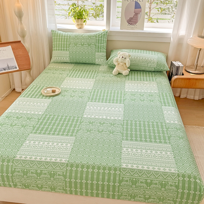 91家纺网 家纺一手货源 找家纺 爱彼家纺 2026年全棉老粗布单床笠凉席床笠三件套直播热卖-系列五 华夫格床笠-如意-绿