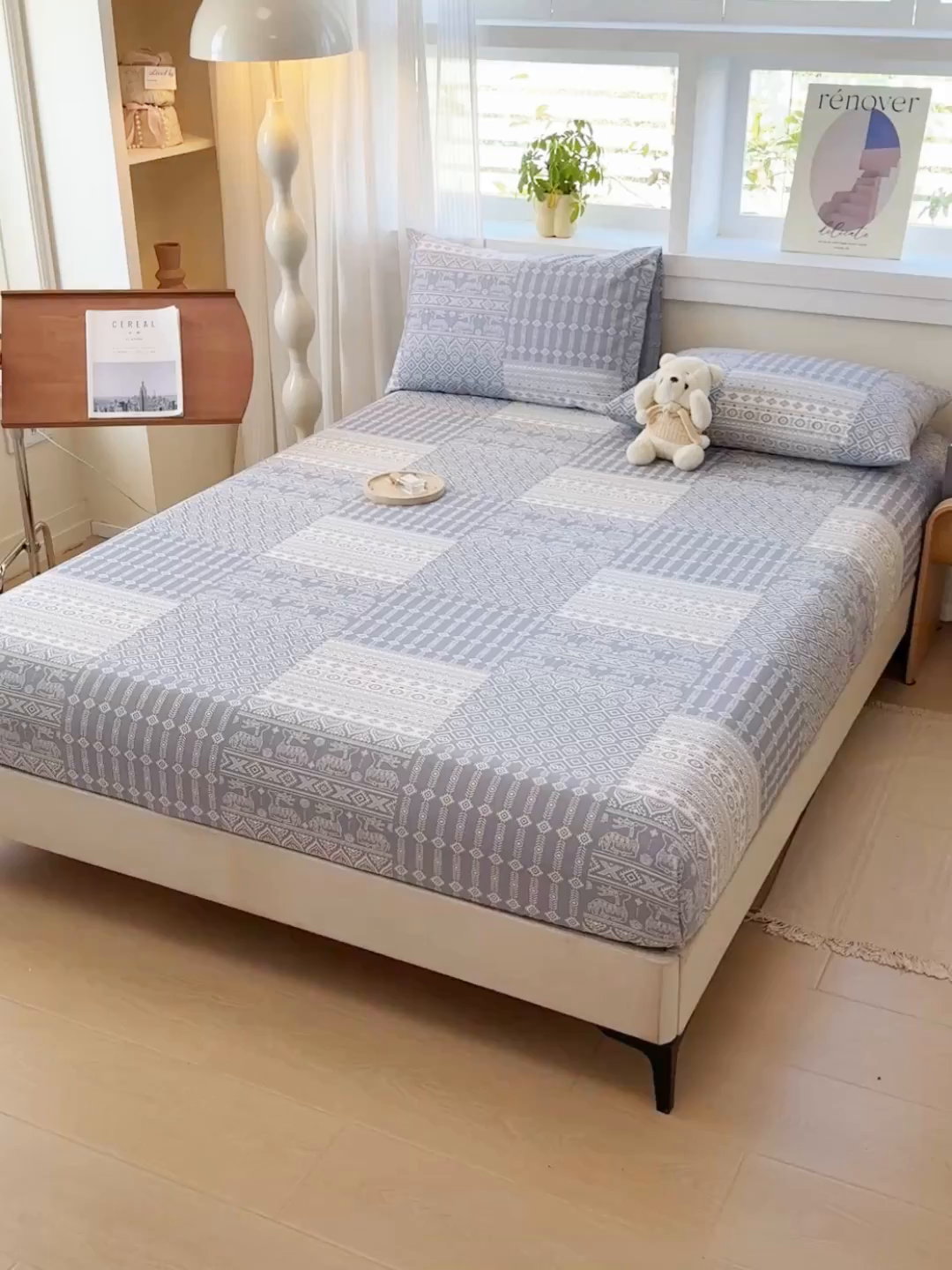 91家纺网 家纺一手货源 找家纺 爱彼家纺 2026年全棉老粗布单床笠凉席床笠三件套直播热卖-系列五 华夫格床笠-吉祥-灰