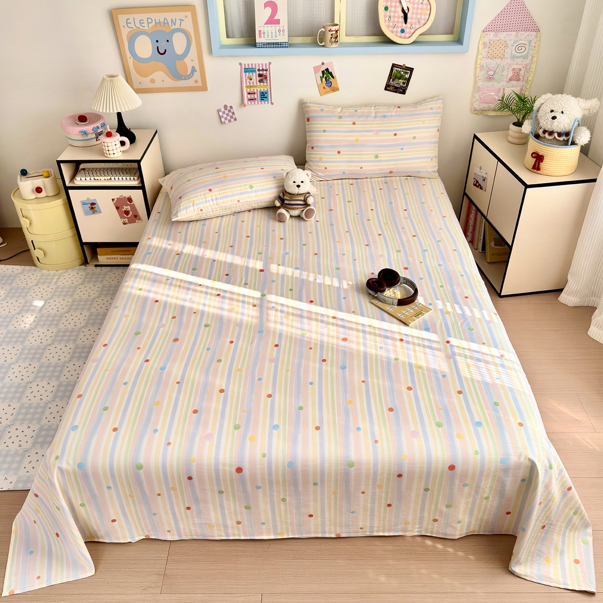 91家纺网 家纺一手货源 找家纺 沐芷 2026 【提供买家秀】A类单床单古法水洗仿棉 单人双人床单三件套 彩虹跳跳糖