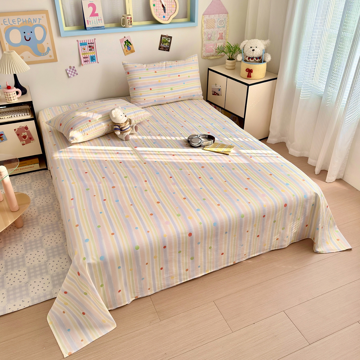 91家纺网 家纺一手货源 找家纺 沐芷 2026 【提供买家秀】A类单床单古法水洗仿棉 单人双人床单三件套 彩虹跳跳糖