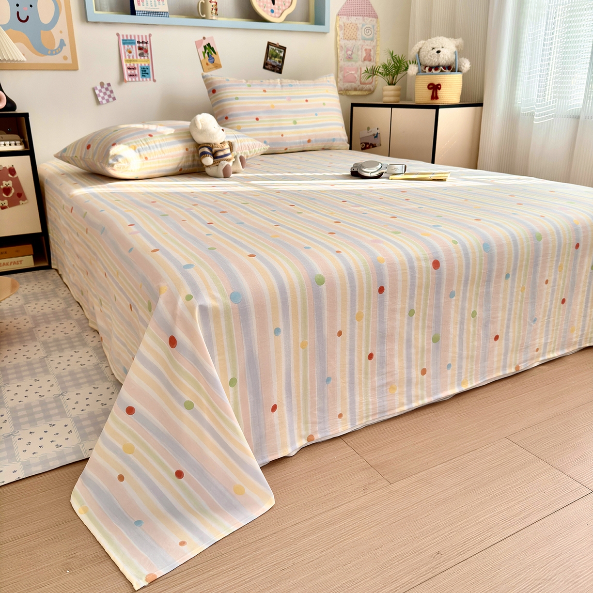 91家纺网 家纺一手货源 找家纺 沐芷 2026 【提供买家秀】A类单床单古法水洗仿棉 单人双人床单三件套 彩虹跳跳糖