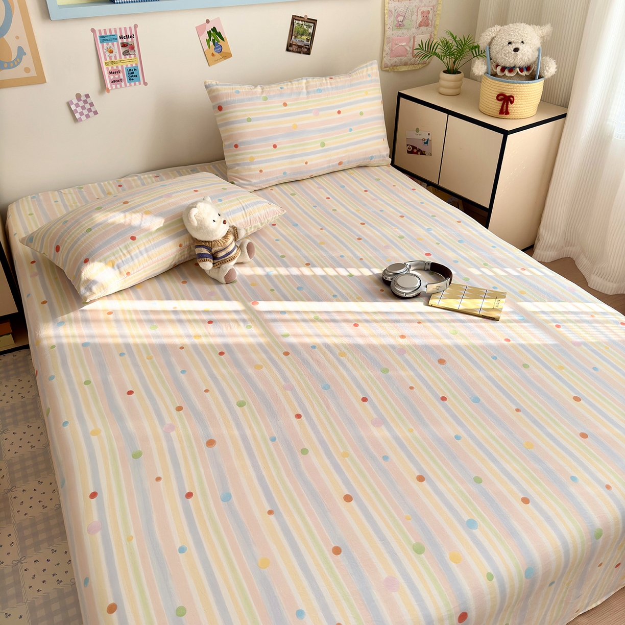 91家纺网 家纺一手货源 找家纺 沐芷 2026 【提供买家秀】A类单床单古法水洗仿棉 单人双人床单三件套 彩虹跳跳糖