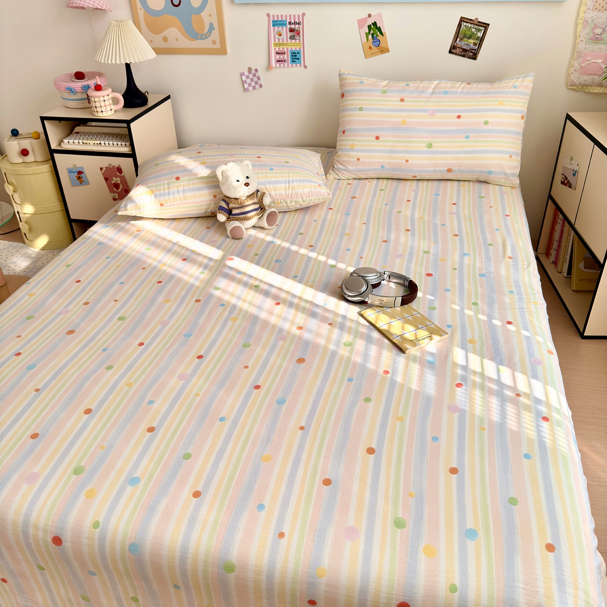 91家纺网 家纺一手货源 找家纺 沐芷 2026 【提供买家秀】A类单床单古法水洗仿棉 单人双人床单三件套 彩虹跳跳糖