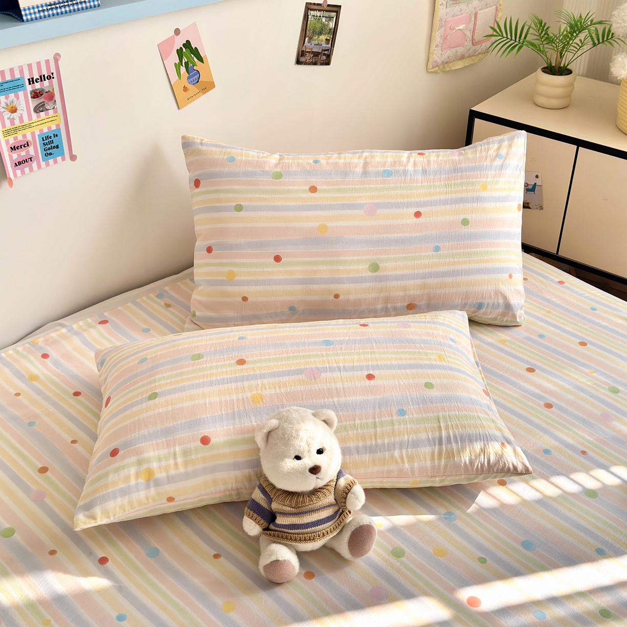 91家纺网 家纺一手货源 找家纺 沐芷 2026 【提供买家秀】A类单床单古法水洗仿棉 单人双人床单三件套 彩虹跳跳糖