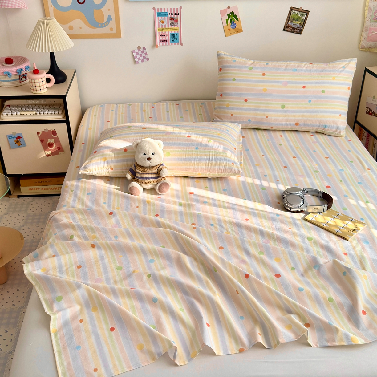 91家纺网 家纺一手货源 找家纺 沐芷 2026 【提供买家秀】A类单床单古法水洗仿棉 单人双人床单三件套 彩虹跳跳糖