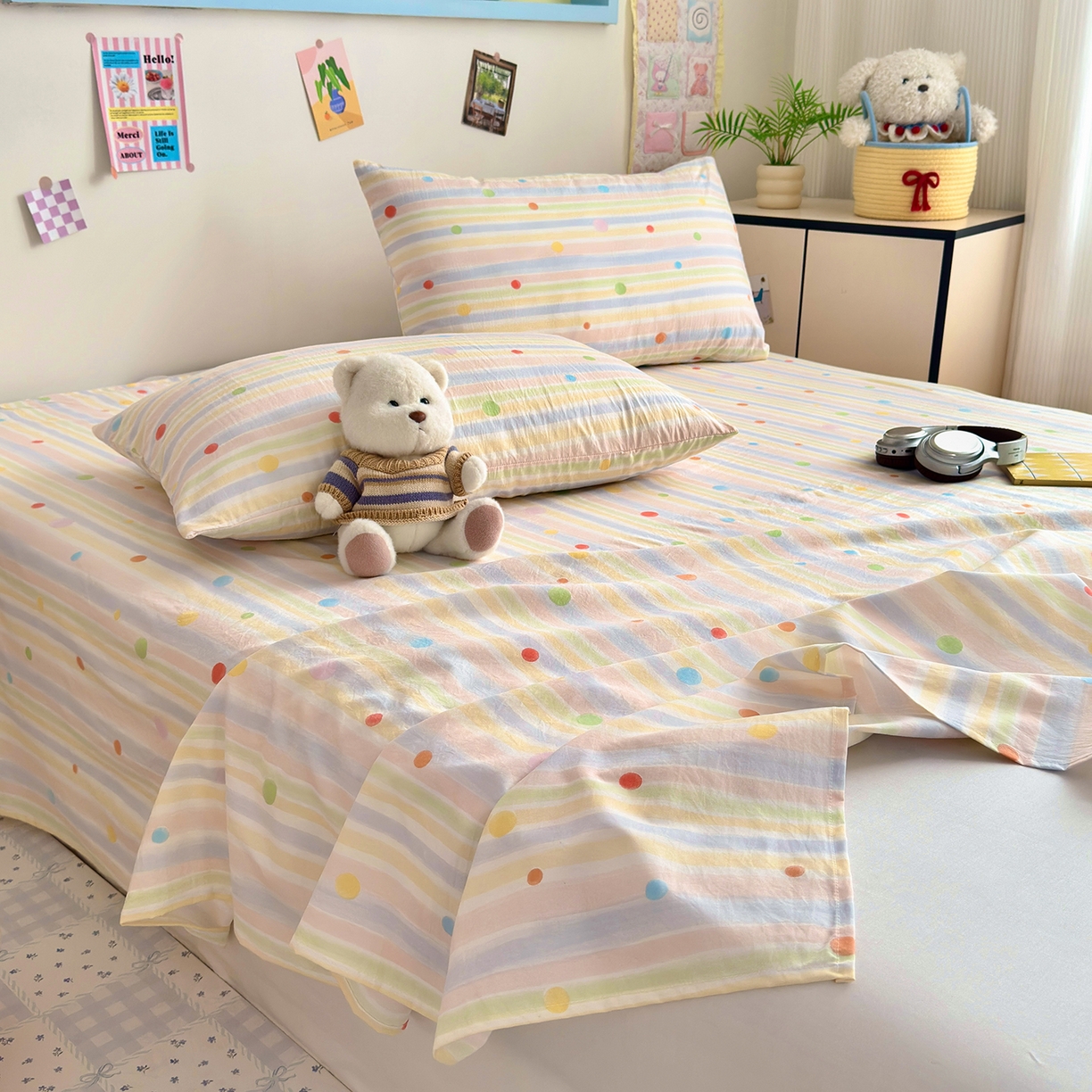 91家纺网 家纺一手货源 找家纺 沐芷 2026 【提供买家秀】A类单床单古法水洗仿棉 单人双人床单三件套 彩虹跳跳糖