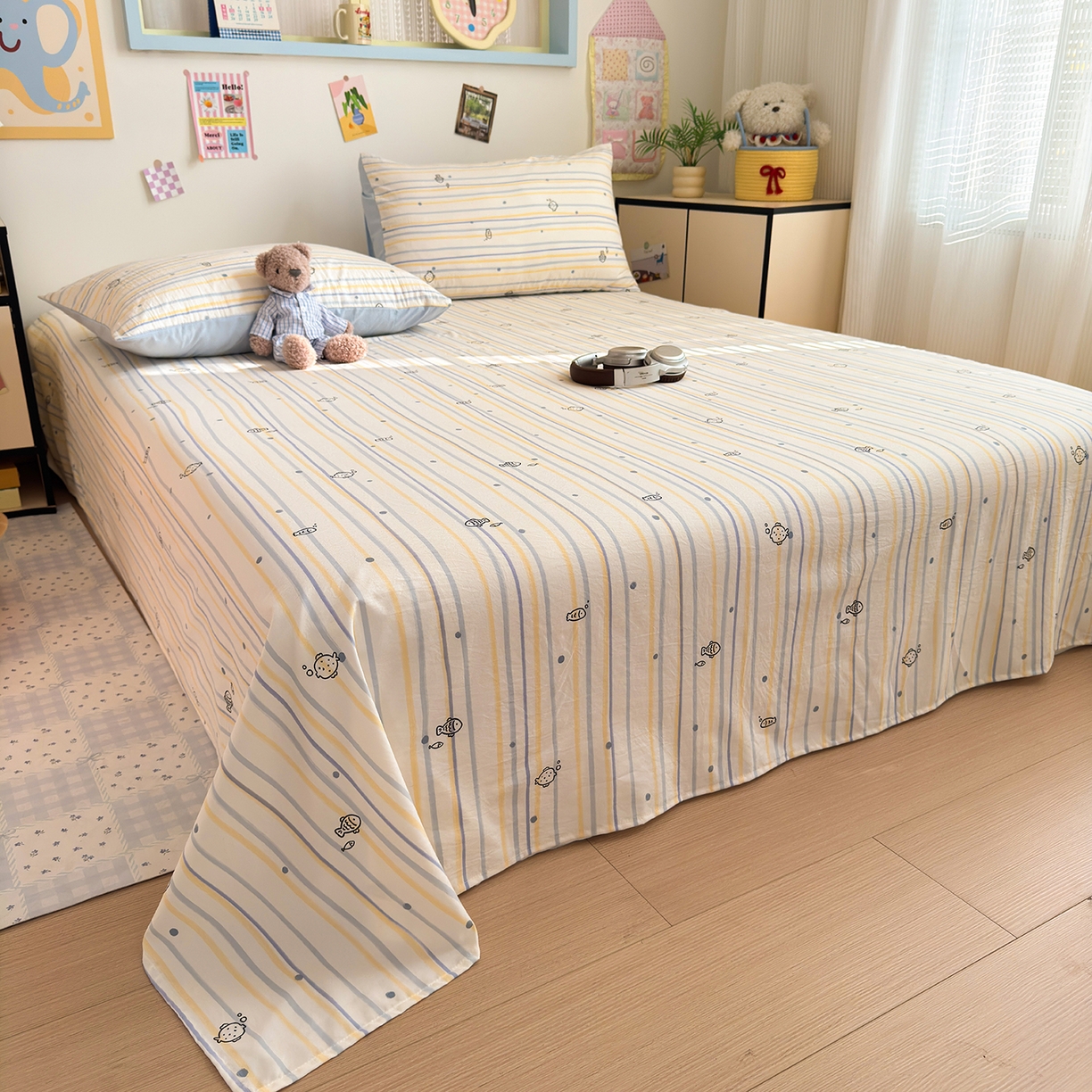 91家纺网 家纺一手货源 找家纺 沐芷 2026 【提供买家秀】A类单床单古法水洗仿棉 单人双人床单三件套 漫游小鱼