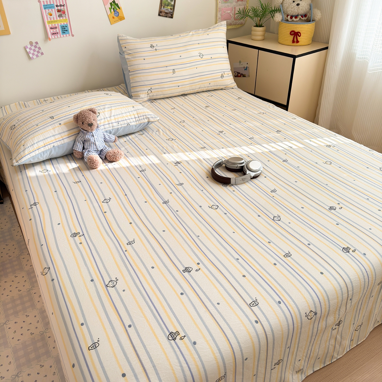 91家纺网 家纺一手货源 找家纺 沐芷 2026 【提供买家秀】A类单床单古法水洗仿棉 单人双人床单三件套 漫游小鱼