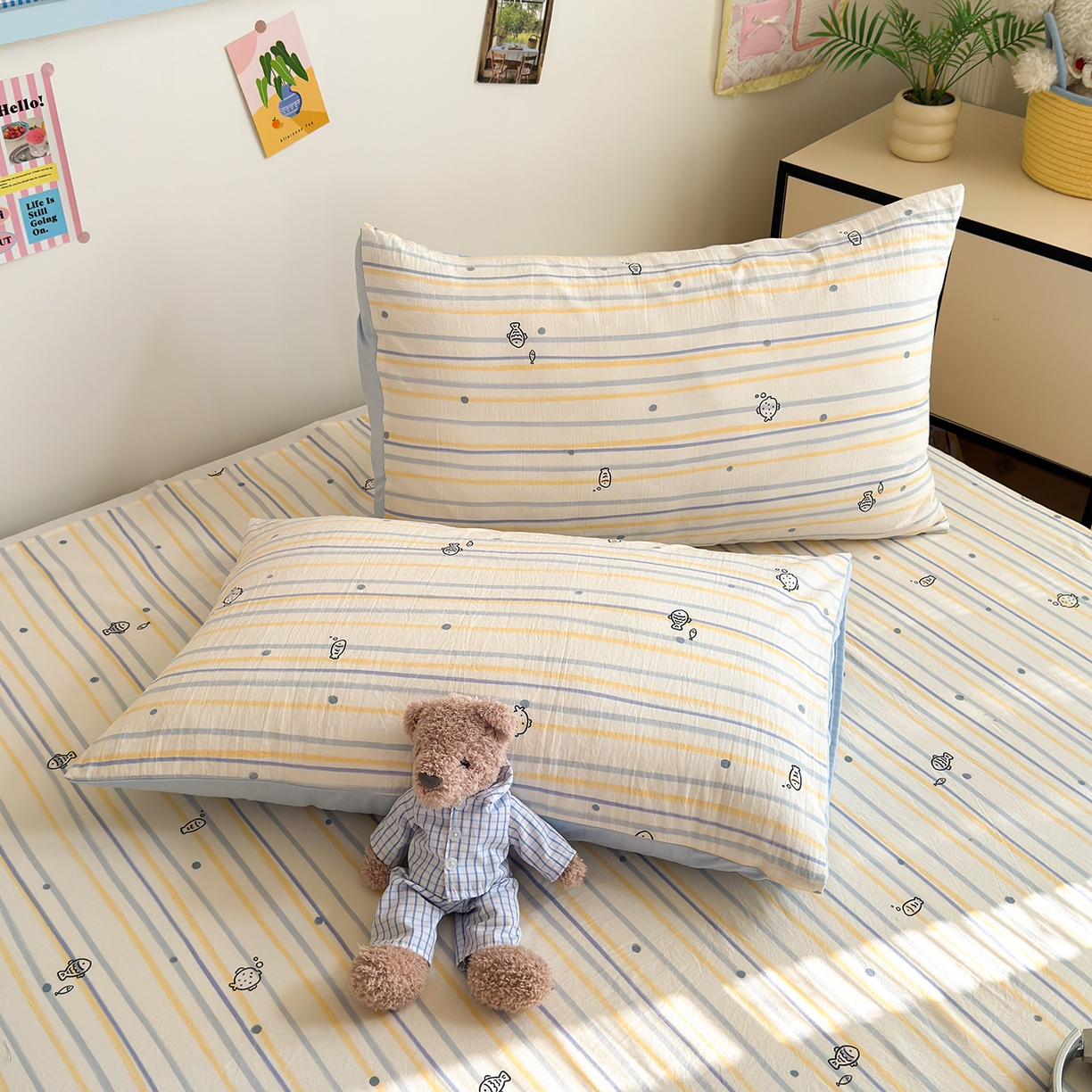 91家纺网 家纺一手货源 找家纺 沐芷 2026 【提供买家秀】A类单床单古法水洗仿棉 单人双人床单三件套 漫游小鱼