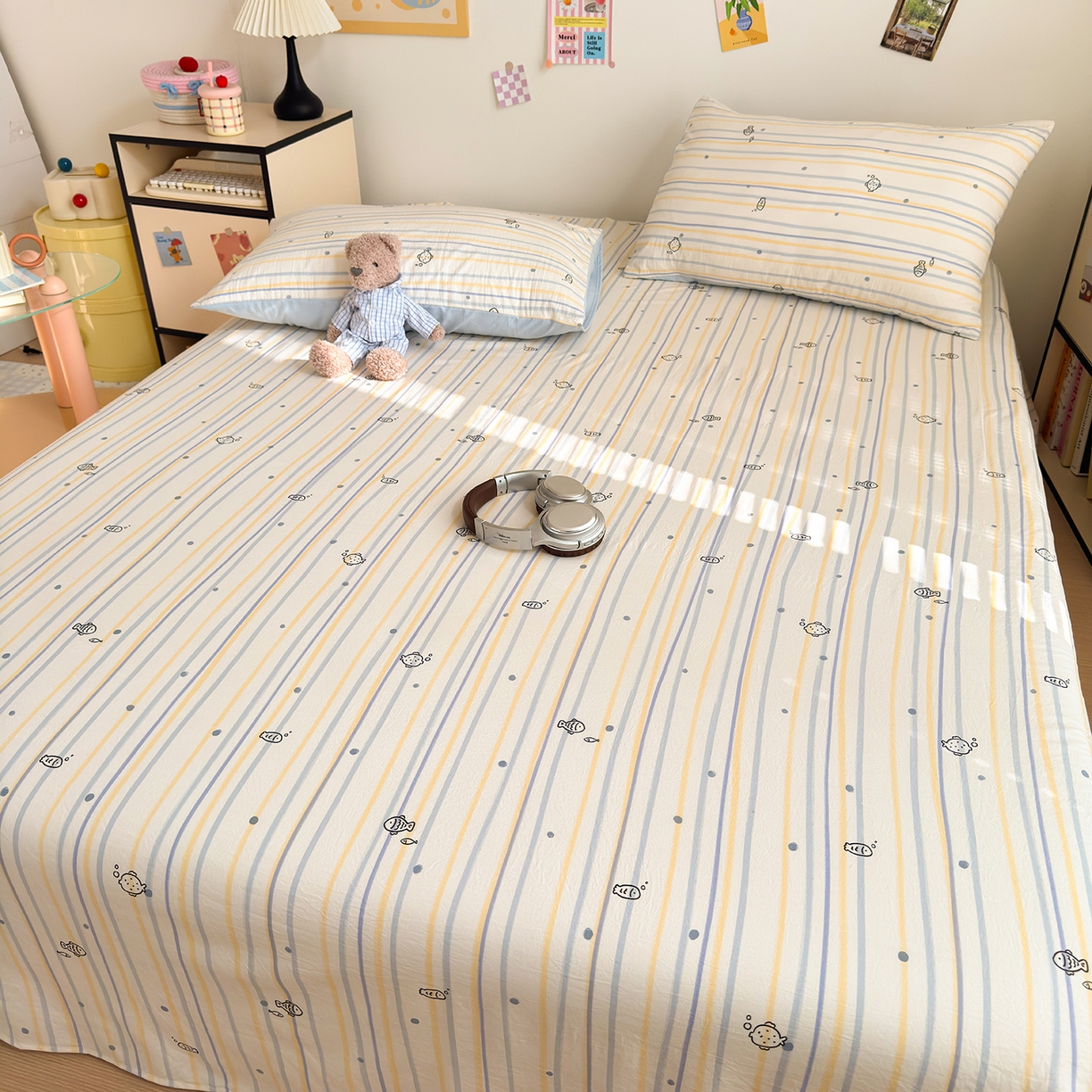 91家纺网 家纺一手货源 找家纺 沐芷 2026 【提供买家秀】A类单床单古法水洗仿棉 单人双人床单三件套 漫游小鱼