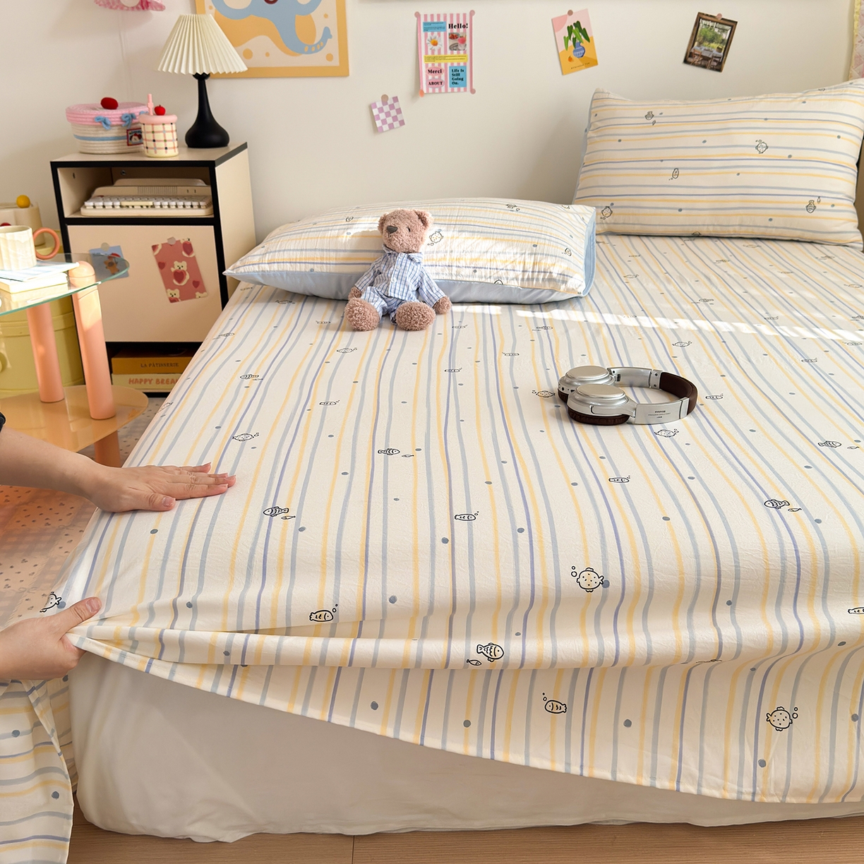 91家纺网 家纺一手货源 找家纺 沐芷 2026 【提供买家秀】A类单床单古法水洗仿棉 单人双人床单三件套 漫游小鱼