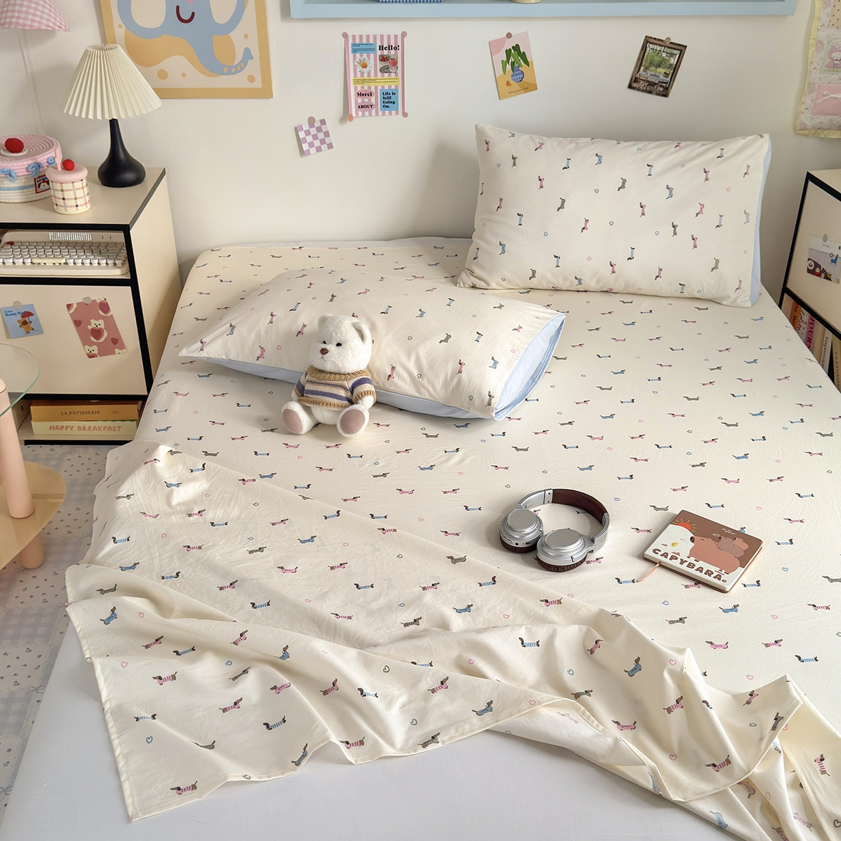 91家纺网 家纺一手货源 找家纺 沐芷 2026 【提供买家秀】A类单床单古法水洗仿棉 单人双人床单三件套 萌犬游记