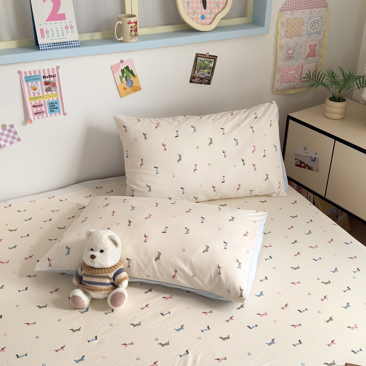 91家纺网 家纺一手货源 找家纺 沐芷 2026 【提供买家秀】A类单床单古法水洗仿棉 单人双人床单三件套 萌犬游记