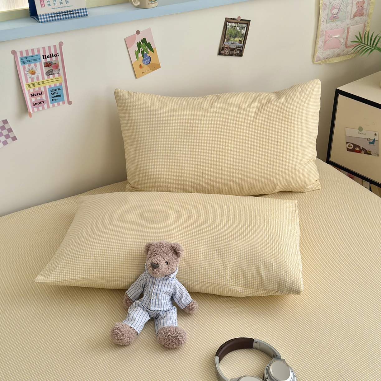 91家纺网 家纺一手货源 找家纺 沐芷 2026 【提供买家秀】A类单床单古法水洗仿棉 单人双人床单三件套 迷你格-黄