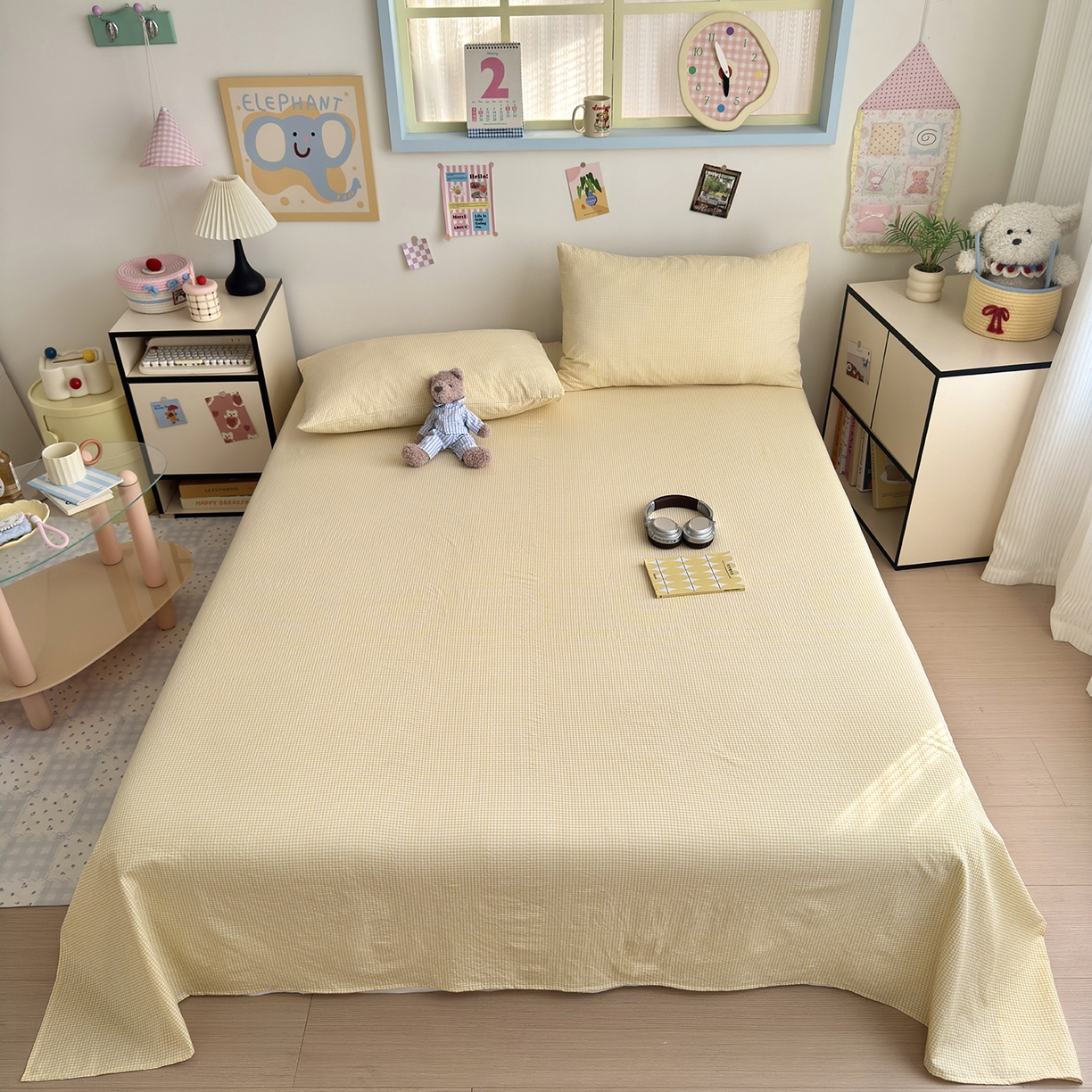 91家纺网 家纺一手货源 找家纺 沐芷 2026 【提供买家秀】A类单床单古法水洗仿棉 单人双人床单三件套 迷你格-黄